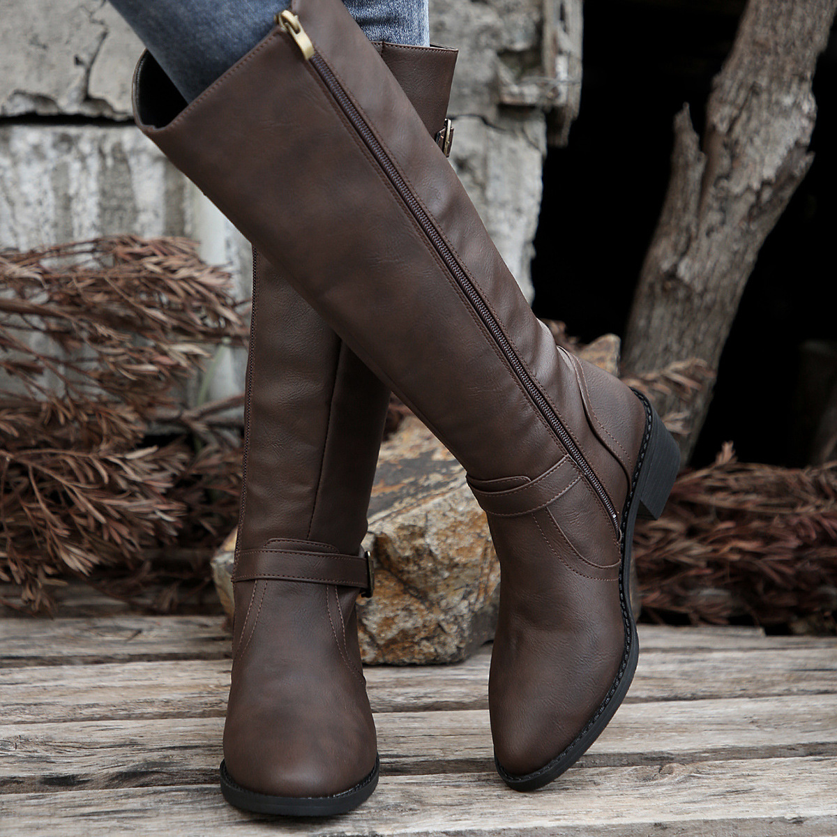 New big size round head solid color belt buckle big size heel knight boots woman_voghion.com