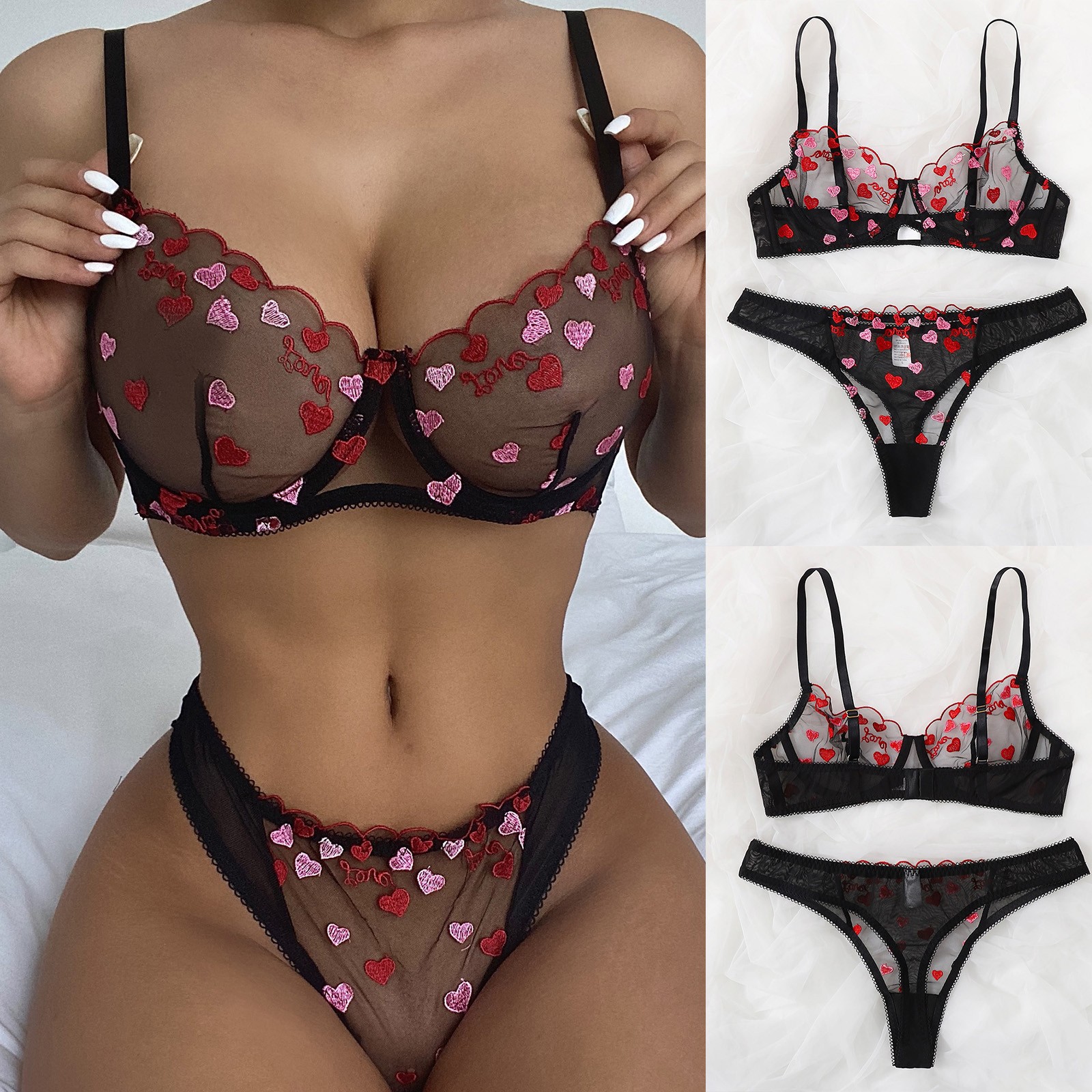 Femmes Sexy Lettre Forme De Cœur Ensembles De Lingerie Sexy Fête Broderie Voir À Travers Soutien-gorge Transparent Taille Basse Lanière Lingerie Sexy display picture 1