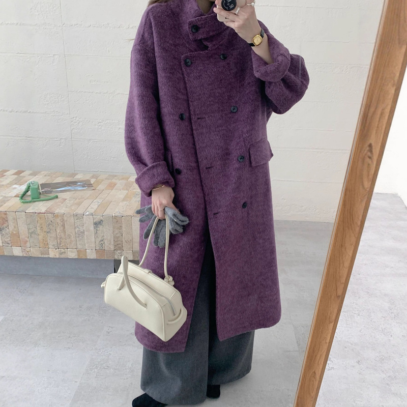 2026 Autumn/Winter New Style Stand Collar Long Double-Sided Wool Coat for Women, Dongdaemun Purple Korean Version Loose Woolen Jacket 2026 Autumn/Winter New Style Stand Collar Long Double-Sided Wool Coat for Women, Dongdaemun Purple Korean Version Loose Woolen Jacket