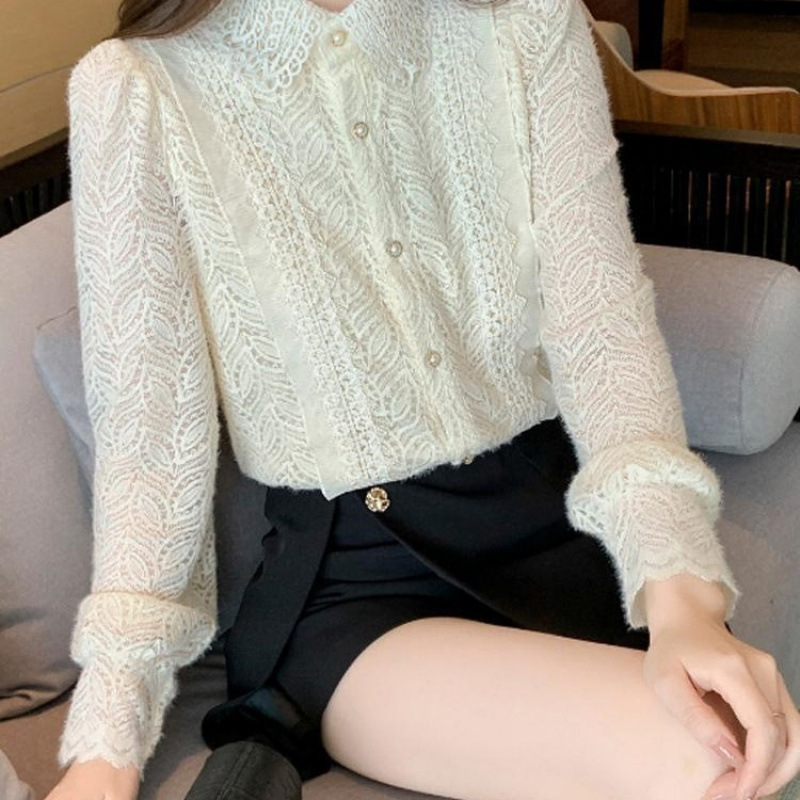 Autumn and Winter Chiffon Shirt Trendy Long-Sleeved Inner Bottoming Women's Elegant Top Lace Gentle Fleece-Lined New Style Thickeneded