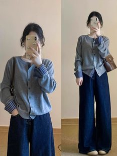 Casual and Fashionable Splicing Plaid Single-Breasted Knitted Cardigan Top for Women in Autumn and Winter, Chic Slimming Look Sweater Base Jacket