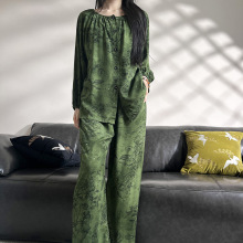 棉绸家居服印花睡衣春夏秋季家居服女套装可外穿长袖长裤家居服