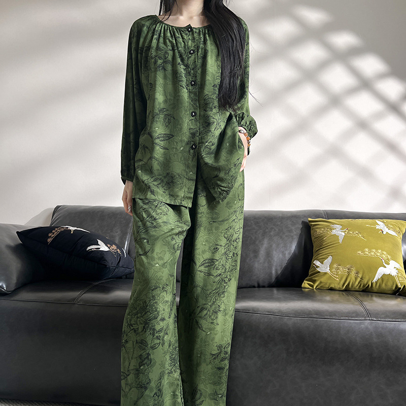 Cotton Silk Home Wear Printed Pajamas Spring, Summer and Autumn Home Wear Women's Suits That Can Be Worn Outside the Home with Long Sleeves and Long Pants