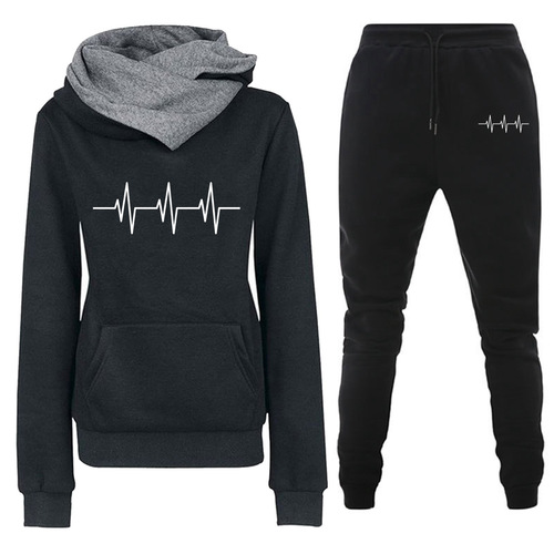 Cross-border new autumn and winter casual sports set heart rate print women's same style hooded sweatshirt set trendy