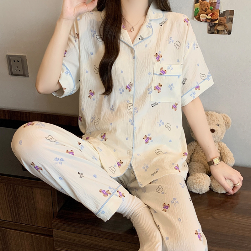 Cloud Cotton Casual Pajamas for Women Summer New Style Cartoon Teddy Bear Short-Sleeved Long Pants Comfortable Home Wear Set Wholesale Cloud Cotton Casual Pajamas for Women Summer New Style Cartoon Teddy Bear Short-Sleeved Long Pants Comfortable Home Wear Set Wholesale