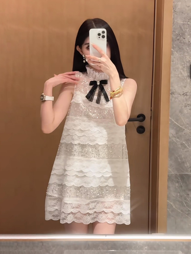 Váy chữ A phối ren kiểu Pháp, cạp cao, thiết kế nơ ren thanh lịch mùa hè N5003 — Cây sơn chi trắng