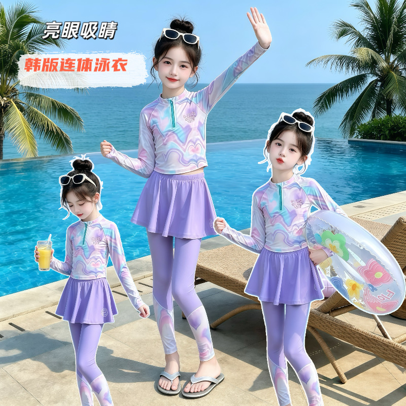 Girls' Swimsuits for Older Children, Summer Long-Sleeve Sun-Protective Swimwear, Quick-Dry Beach Vacation Swimwear for Girls