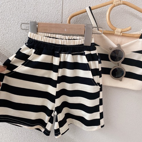 Girls striped suspender shorts two-piece set 2024 summer new season baby girl casual fashion sports suit trendy
