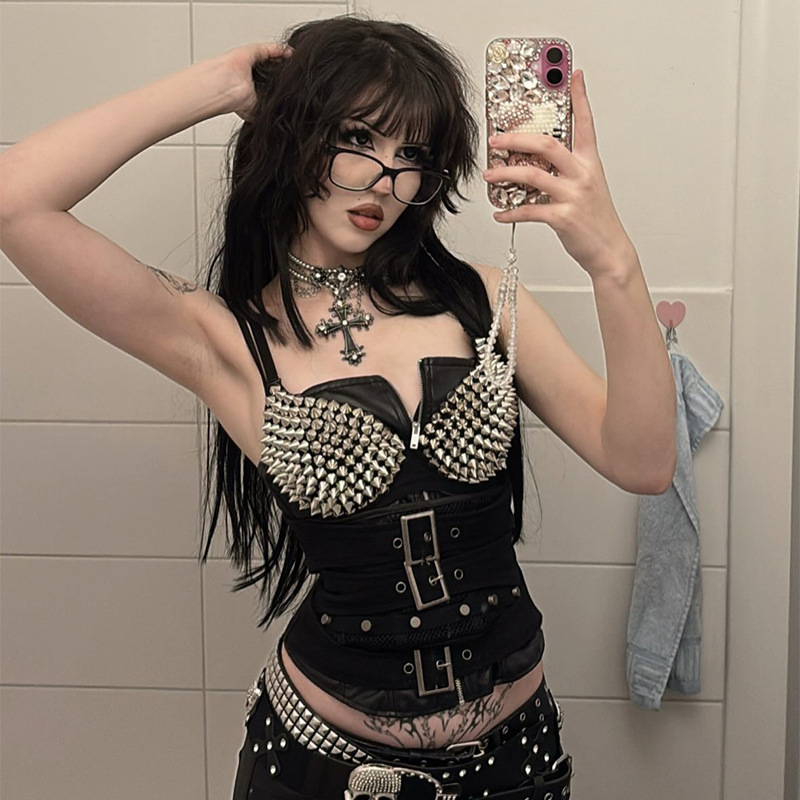 Cf25374 Dark Gothic Rivet Bra 2025 New Style Gothic Sexy Hot Girl Punk Fishbone Waist Belt Set Cf25374 Dark Gothic Rivet Bra 2025 New Style Gothic Sexy Hot Girl Punk Fishbone Waist Belt Set