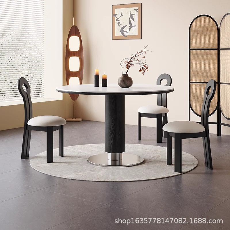 Mesa de comedor de tablero de roca de madera maciza retro estilo antiguo, pequeño apartamento francés, mesa de negociación redonda de color nogal de acero inoxidable para el hogar
