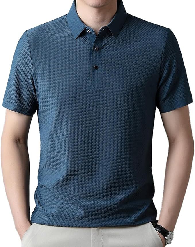 TEMU Amazon burbuja de malla de alta gama seda de hielo de manga corta con solapa para hombre de verano color sólido tamaño grande camisa polo