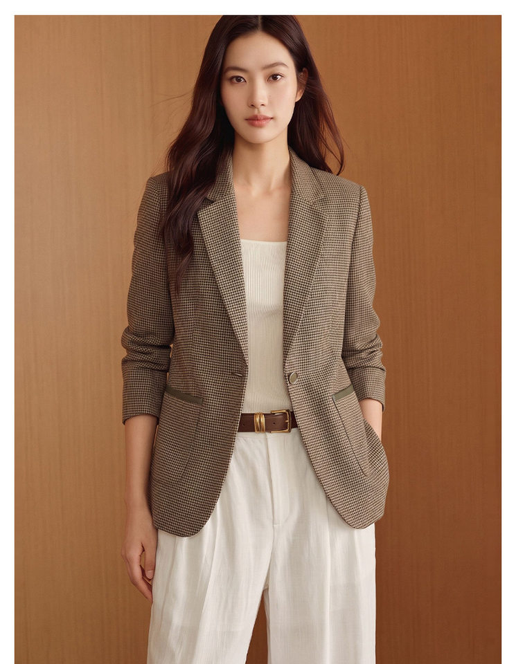 Áo vest nữ dáng trung dài họa tiết kẻ ô, tay dài cổ vest một hàng khuy — Xanh lá cây nhạtcolor chi tiết 9