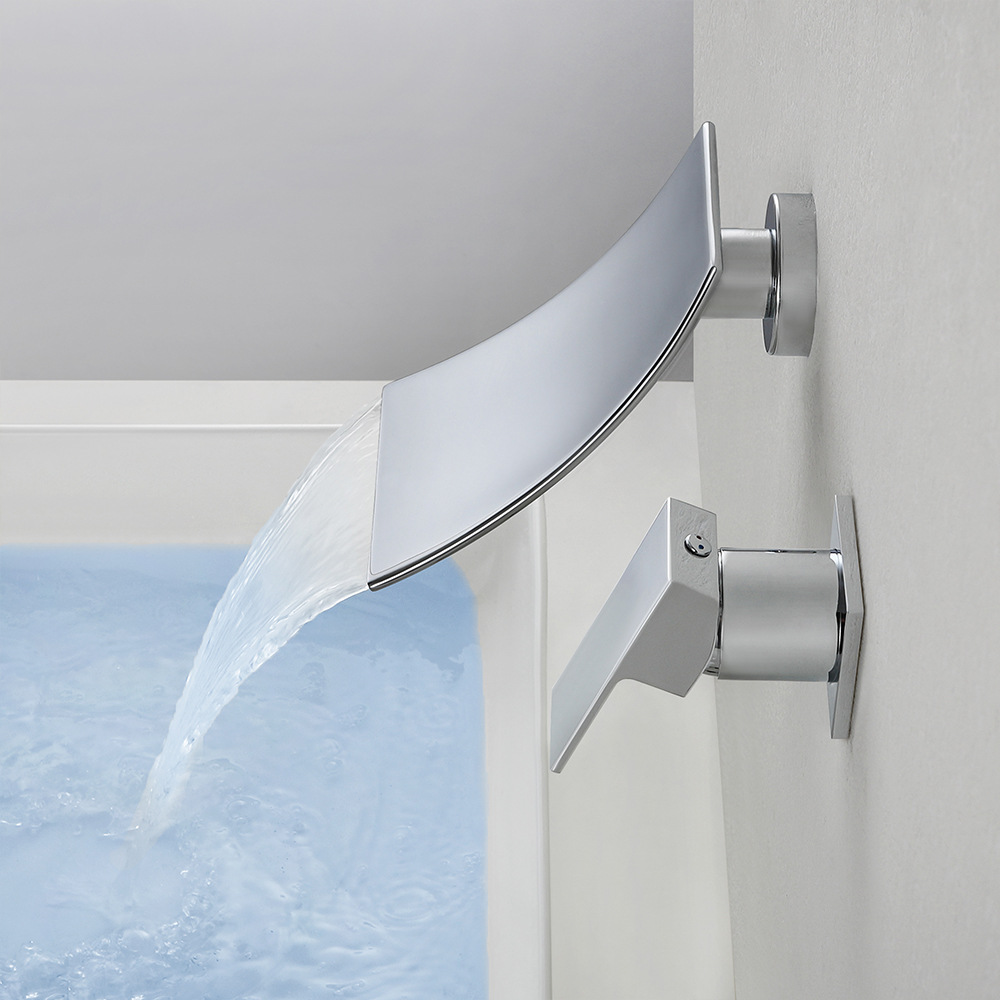 Cross-border brass washbasin faucet waterfall water outlet single, cold and hot mixed water is concealed in the wall-mounted bathroom countertop basin Application Scenario