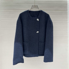 现货2025新款韩系小香风短款圆领高级感落肩袖高端毛呢外套上衣女