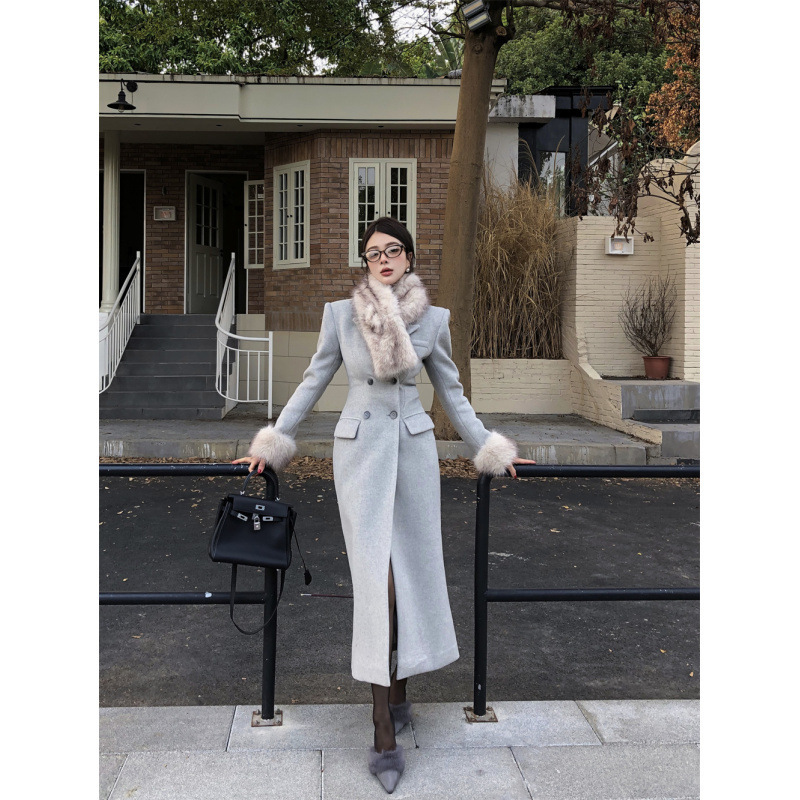 Real shot in stock cotton hourglass waist long autumn and winter woolen coat fur collar suit Real shot in stock cotton hourglass waist long autumn and winter woolen coat fur collar suit
