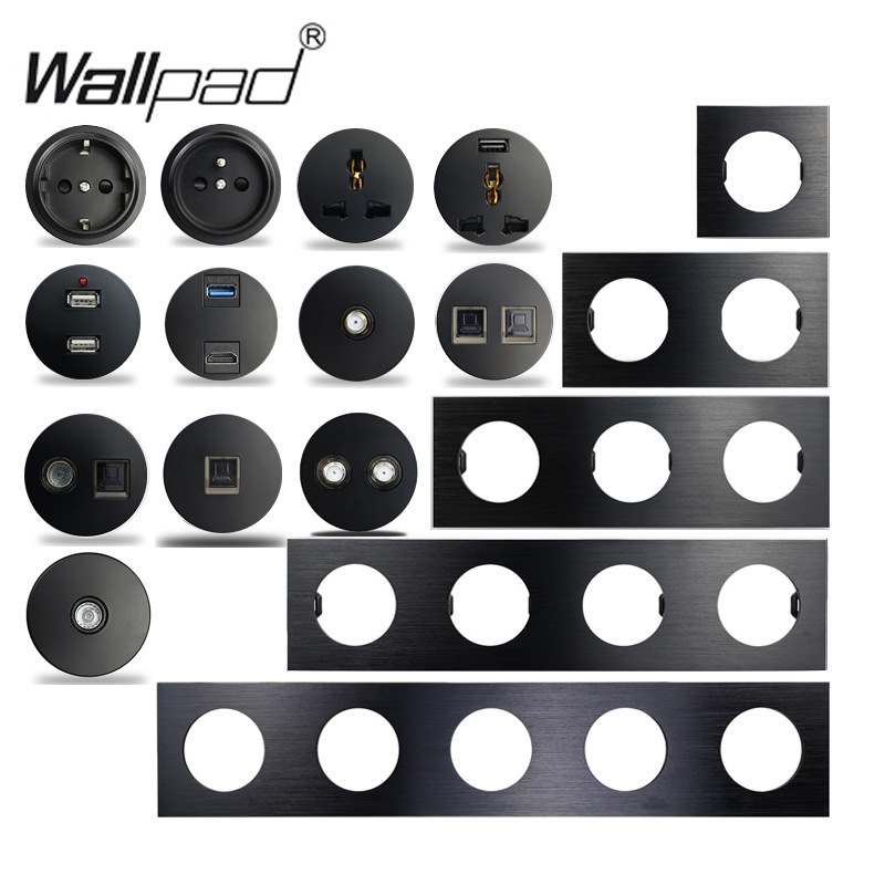 European Wall Socket Power Plug Black Aluminum Brushed Round Panel USB Charging Standard Ground Wallpad