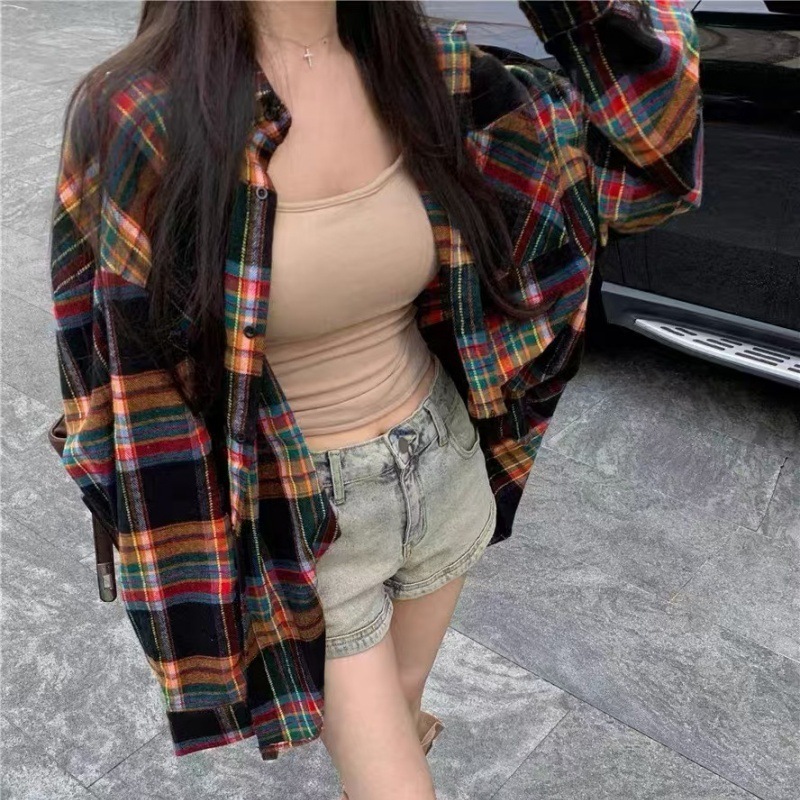 빈티지 격자 무늬 폴로 칼라 긴 소매 셔츠 여성용 봄과 가을 한국 스타일 작은 남자 중간 길이의 느슨한 셔츠 코트 탑