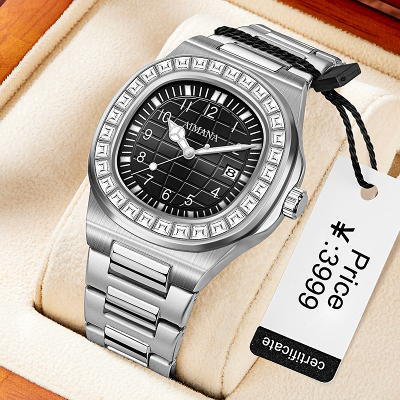 New Classic Diamond-Encrusted Light Luxury Steel Band Grenade Waterproof Luminous Digital Calendar Quartz Watch Butterfly Buckle Men's Watch