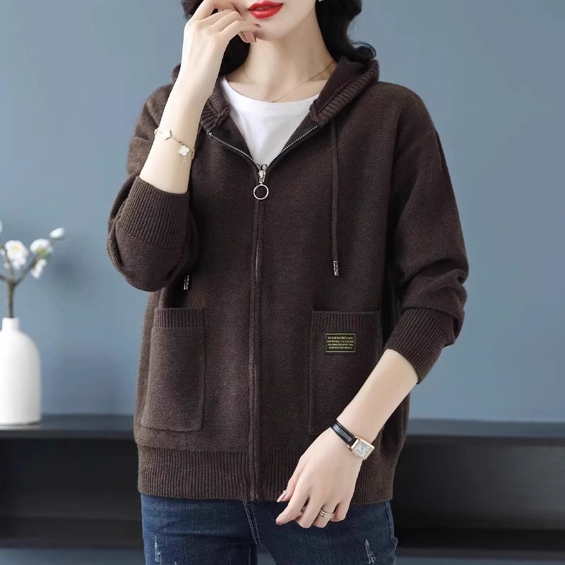 连帽毛衣外套女宽松拉链针织开衫2025春季女装带帽卫衣春秋外搭潮|undefined