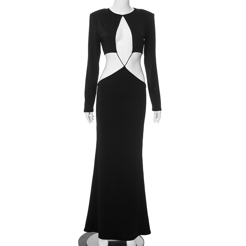 Summer Women Solid Color Long Sleeve Cropped Outfit Sexy Cutout Dress 5 Summer Women Solid Color Long Sleeve Cropped Outfit Sexy Cutout Dress
