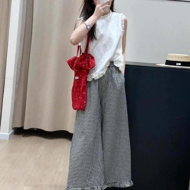 2025超火夏装小个子独特漂亮白色木耳边无袖衬衫格子阔腿裤套装女|undefined