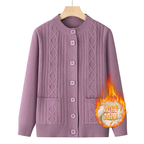 Mum fashionable autumn loose knit cardigan with outerwear for middle-aged long-sleeved coat top, red sweater for elderly