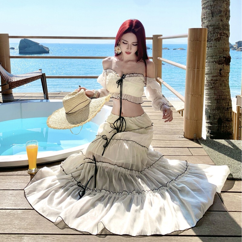 Three-Dimensional Lace Tube Top Long-Sleeved Three-Piece Set Slimming Resort-Style Women's French-Style Beach Chiffon Long Dress Three-Dimensional Lace Tube Top Long-Sleeved Three-Piece Set Slimming Resort-Style Women's French-Style Beach Chiffon Long Dress