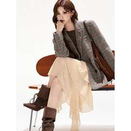 复古英伦风羊毛呢格纹宽肩廓形西装双排扣百搭外套女