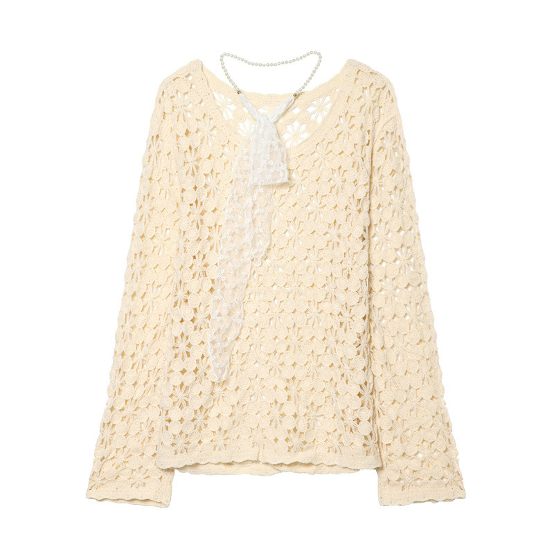 2026 Spring/Summer Super Fairy Lace Crochet Hollow Out Pullover Blouse for Women with Unique Design Long Sleeve Outerwear Top in Solid Color