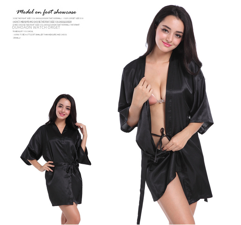 Cross-border Women's Twisted Sade Nightgown Bathrobe Solid Color Glossy Summer Thin Sexy Short Cardigan Gown_voghion.com