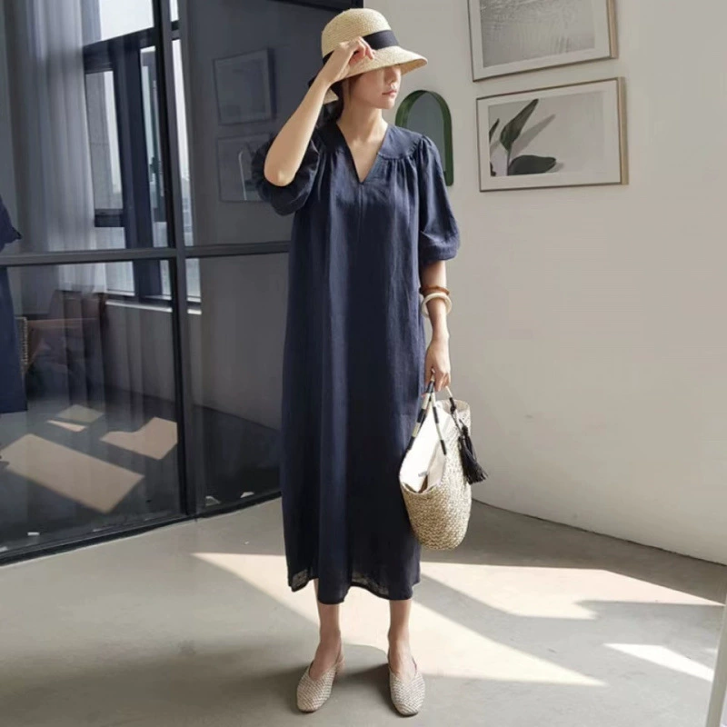 Япония и Южная Корея Amazon vi-vi-vi-vi-vi-vi-bubble рукава хлопчатобумажное платье из льна, женское простое повседневное, тонкое платье средней и длинной рубашки