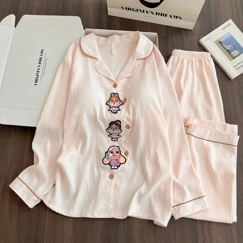 Long-sleeved long-pants pajama set for girls, spring and autumn style, cloud cotton, with a turn-down collar and chest pads, cute, loose, and comfortable home wear