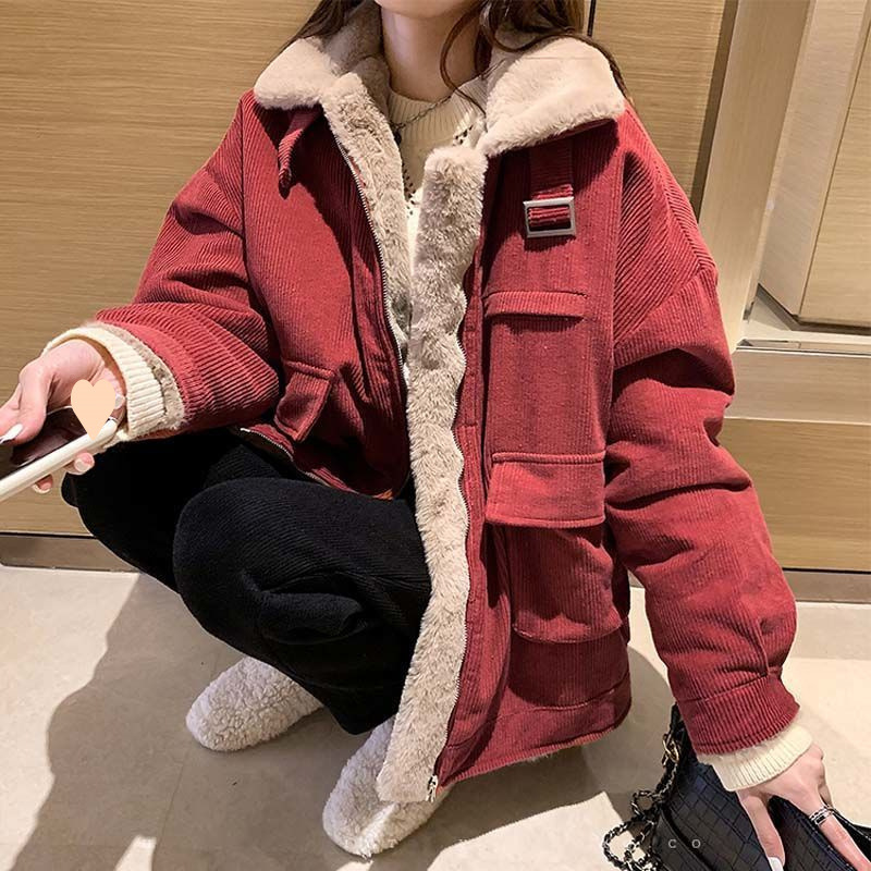 Women's 2025 Winter Fashion Collar Workwear Cotton Jacket, New Hong Kong Style Loose Medium-Length Heavy Fleece Padded Outerwear Trendy