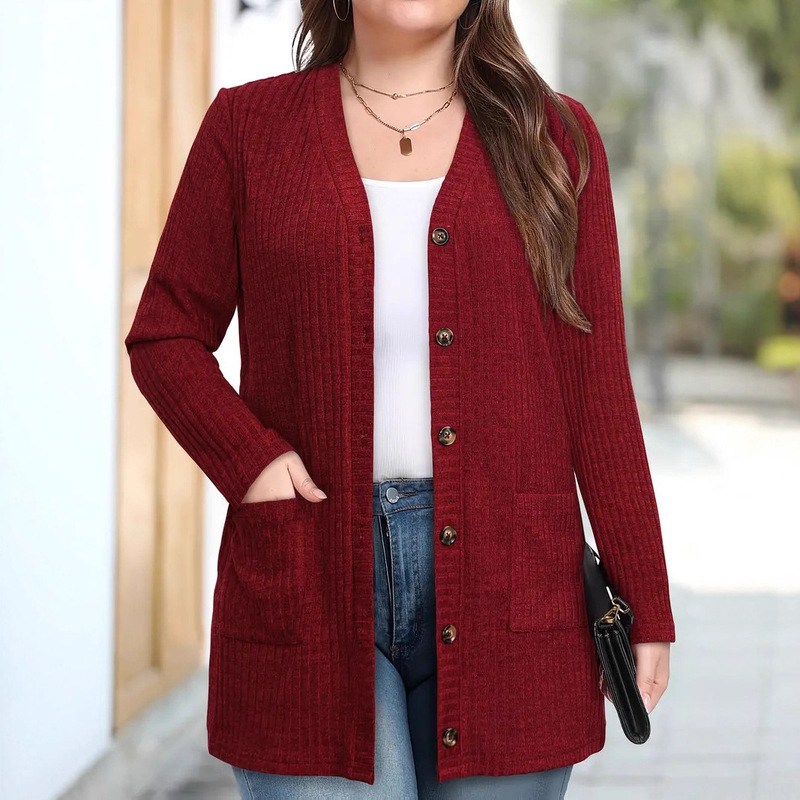 2025 Cross-Border Autumn and Winter New Women's Brushed Pit Strip Solid Color Long-Sleeve Women's Long Cardigan Coat Solid Color