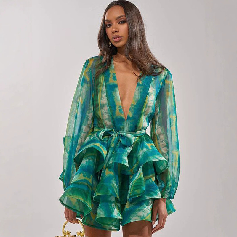 Tie-Dye Deep V-Neck Dress with Puff Long Sleeves, Cinched Waist, Tie-Up, Ruffled Edges, Vacation Chiffon Dress with a High-End Feel Tie-Dye Deep V-Neck Dress with Puff Long Sleeves, Cinched Waist, Tie-Up, Ruffled Edges, Vacation Chiffon Dress with a High-End Feel