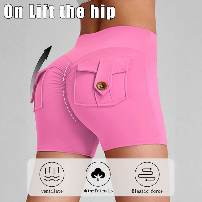 High-Waisted Butt-Lifting Sports Shorts for Women with Pockets, Elastic Fitness Yoga Pants, Breathable Three-Quarter Length, European and American Style, In-Stock for Cross-Border Shipping