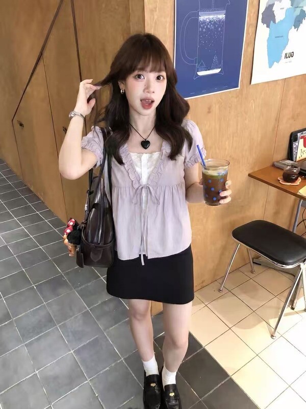 Purple ruffled faux two-piece short-sleeve women's shirt, 2026 summer new style, slimming and elegant, cinched waist top
