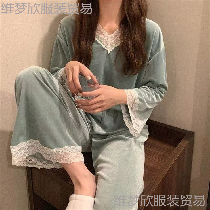 Cross-Border Trade Popular Women's Pajamas Spring and Autumn Velvet V-Neck Lace Long-Sleeve Long Pants Loungewear Two-Piece Set Cross-Border Trade Popular Women's Pajamas Spring and Autumn Velvet V-Neck Lace Long-Sleeve Long Pants Loungewear Two-Piece Set
