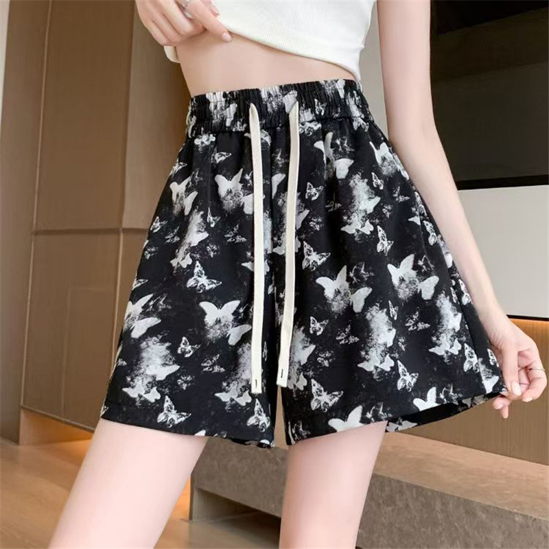 Ice Silk Butterfly Shorts Women's Summer 2024 New Thin High Waist Design Sense Sports Beach Pants Wide Leg Five-point Pants