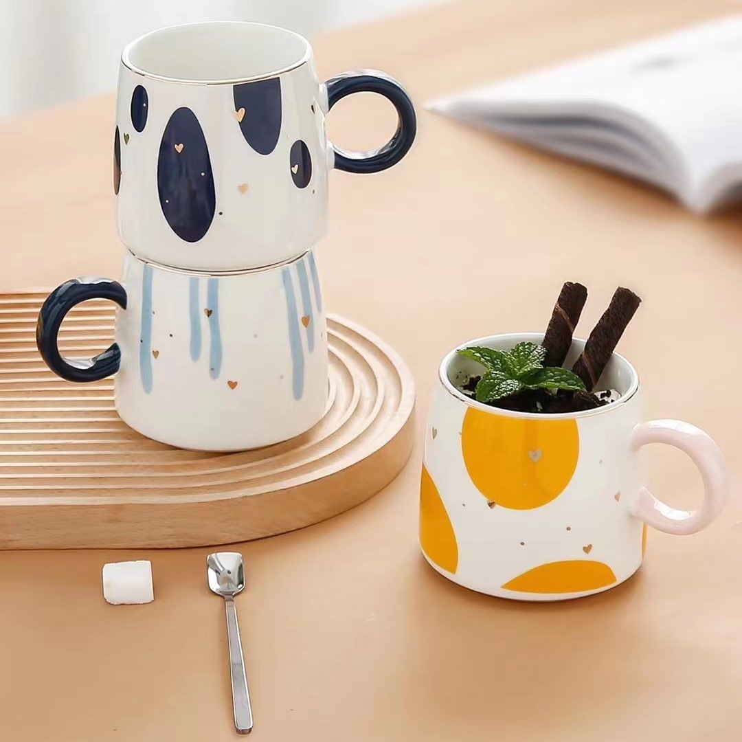 Estilo japonés pintado a mano taza abstracta personalidad simple cerámica oficina pintura oro beber taza con tapa cuchara taza de café