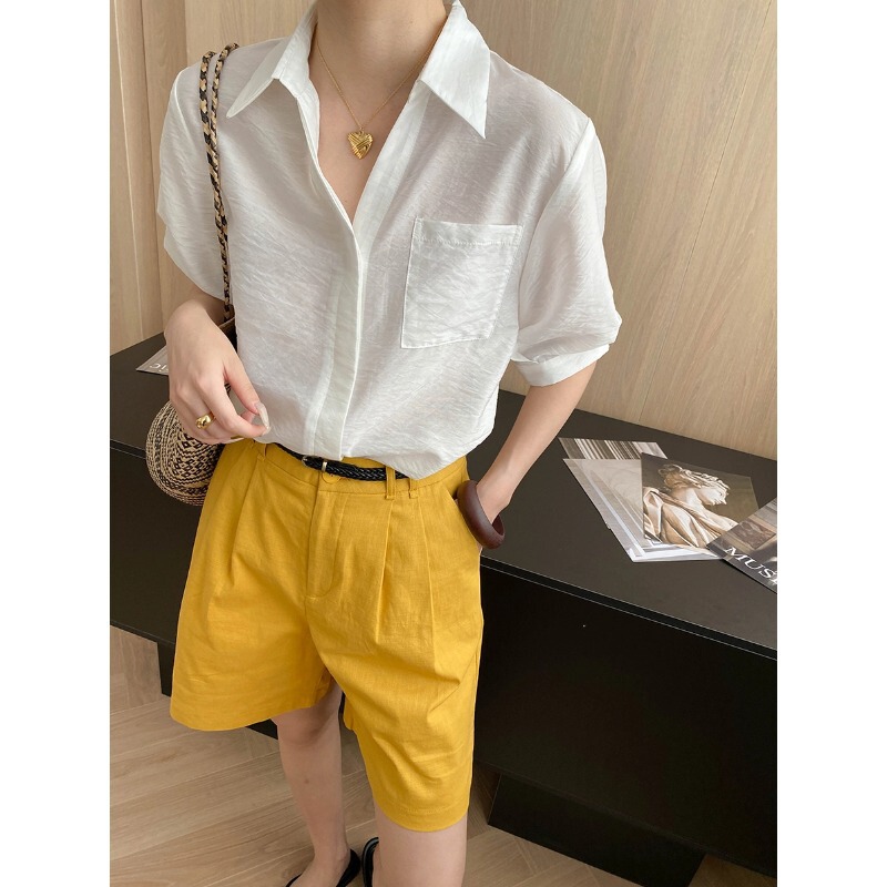 Sinan Gaozhi Commuting Accent Breathable Tencel Blended Single Flap Pocket Pants Lapel Loose Short-Sleeved Shirt Sn7717