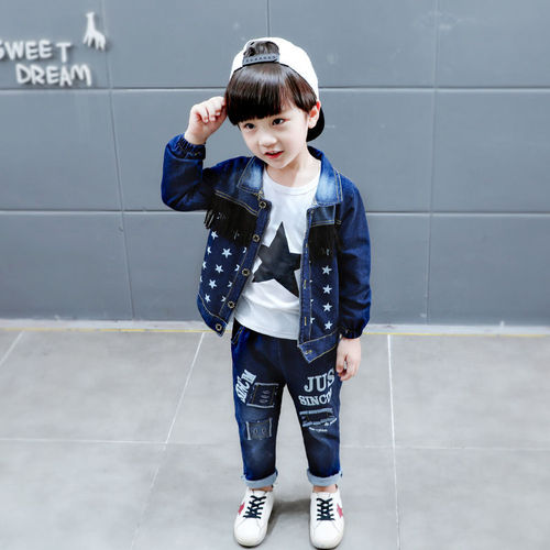 Children's Spring and Autumn Outfit, Small Kids Korean Style Denim Set, Infants and Toddlers Fashion 3-Piece Set