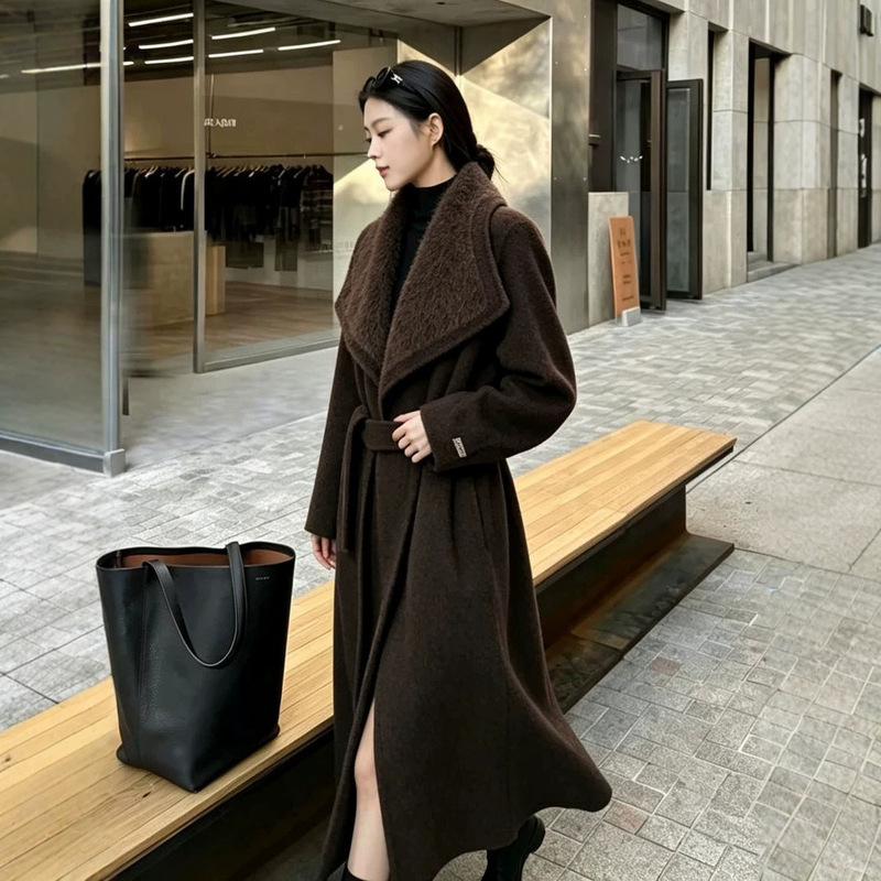 New autumn and winter double-sided wool coat with large lapel, extra-long women's loose-fitting coat with tie belt and simple design New autumn and winter double-sided wool coat with large lapel, extra-long women's loose-fitting coat with tie belt and simple design