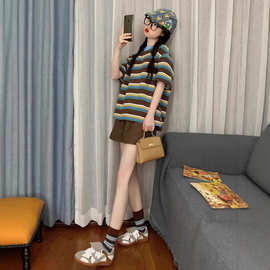 337#夏季新款休闲运动服套装女条纹时尚学生宽松短袖短裤两件套