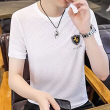冰丝夏季短袖T恤中年男士新款透气休闲圆领薄款提花半袖上衣高档