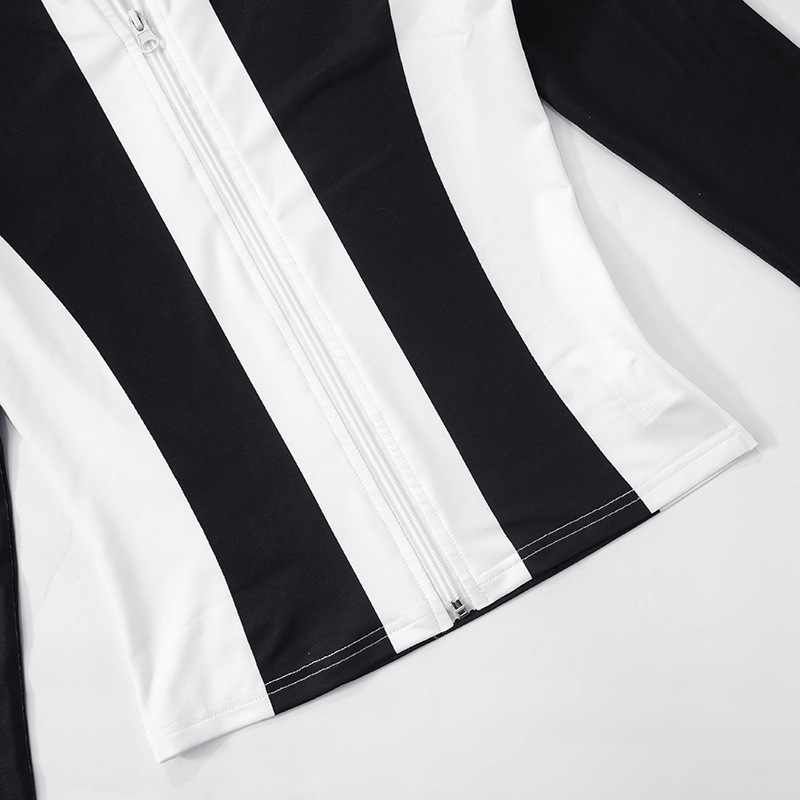 Women Clothing Autumn Winter Contrast Color Stitching Finger Fit Design Zipper Collared Cardigan Tight High Waist Suit
