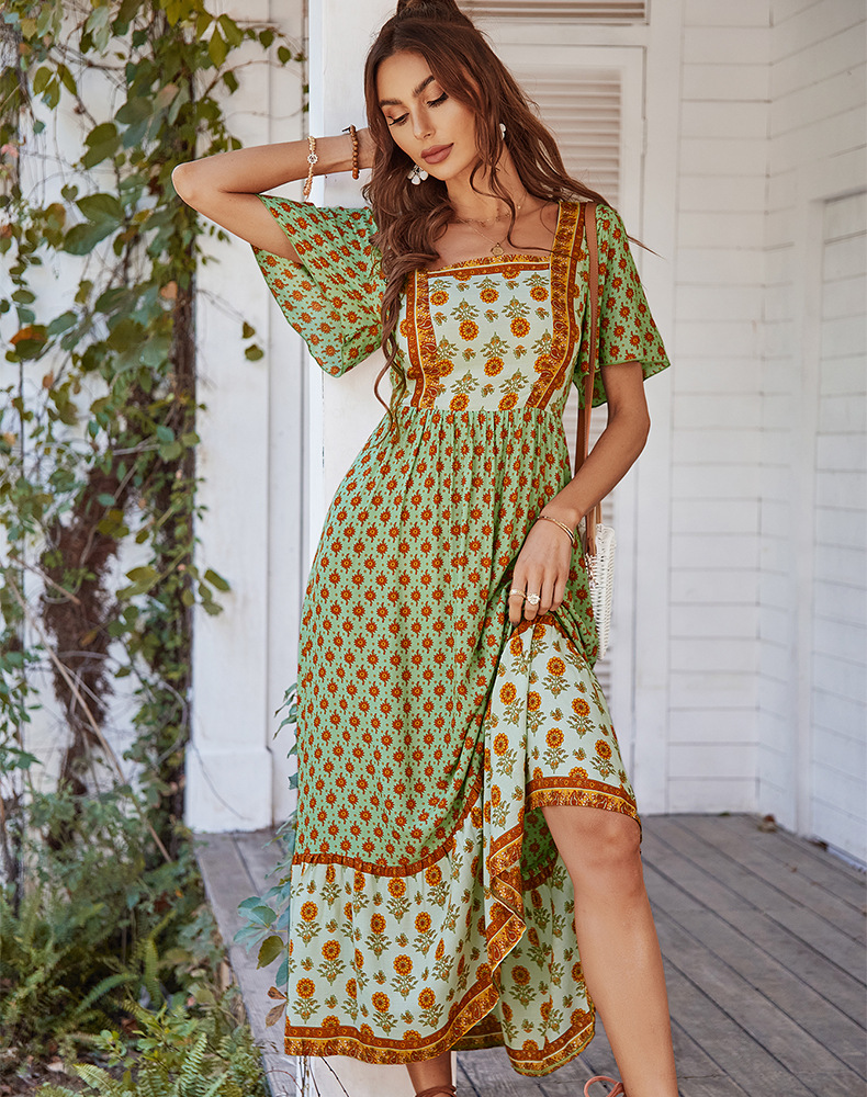 Printing Design INS Style, Commute Style Bohemian Style Square Collar Short Sleeve Dress Multi Colors