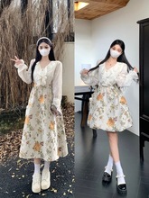 秋季新款大码法式小清新泡泡袖字长裙复古荷叶边领假两件蓬蓬裙