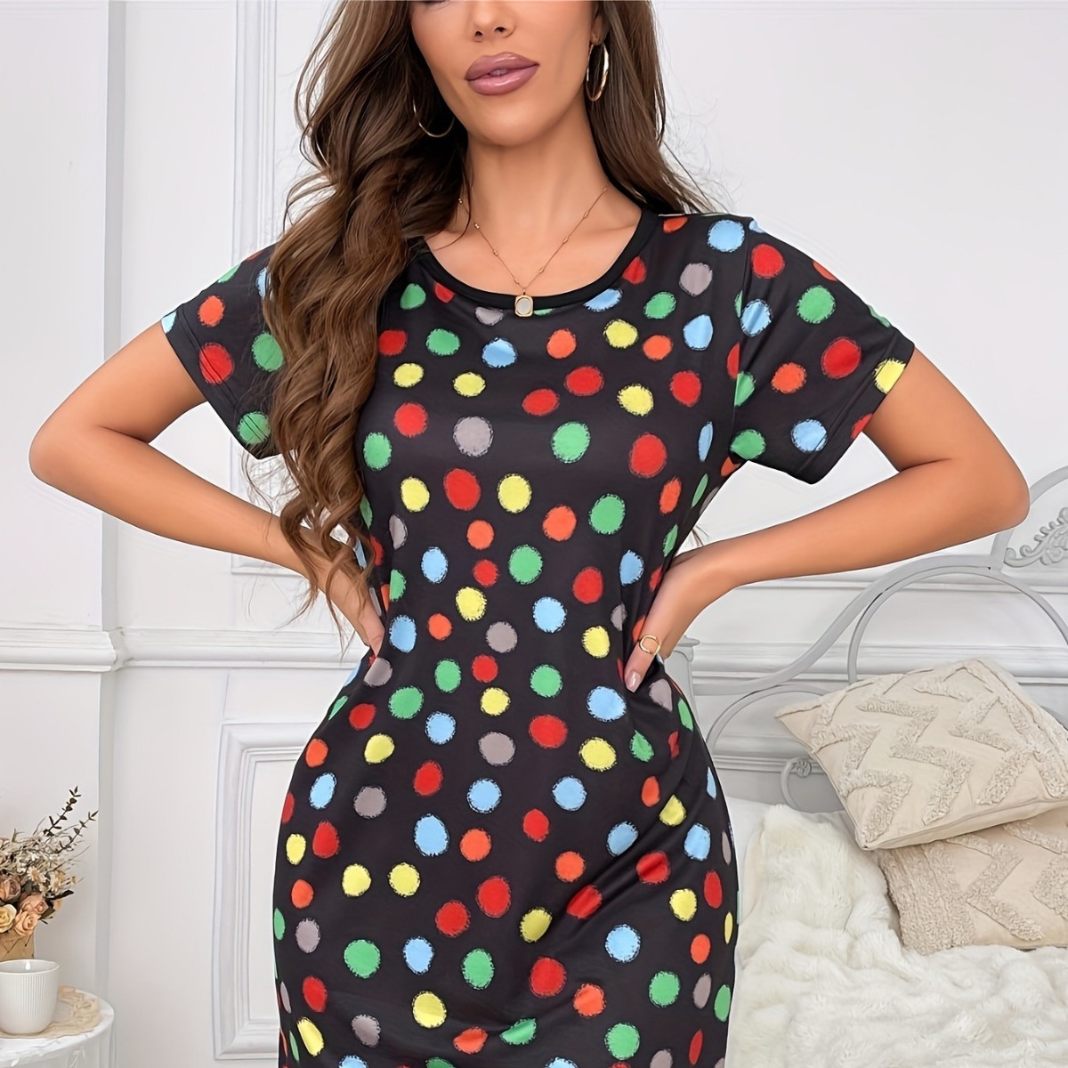 Nuevo vestido de verano transfronterizo de las mujeres europeas y americanas, vestido de manga corta con estampado de lunares de verano caliente de Amazon