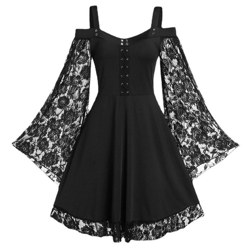 Europe and the United States shoulder horn sleeve lace stitching literary retro dress women's casual skirt a generation of hair Europe and the United States shoulder horn sleeve lace stitching literary retro dress women's casual skirt a generation of hair